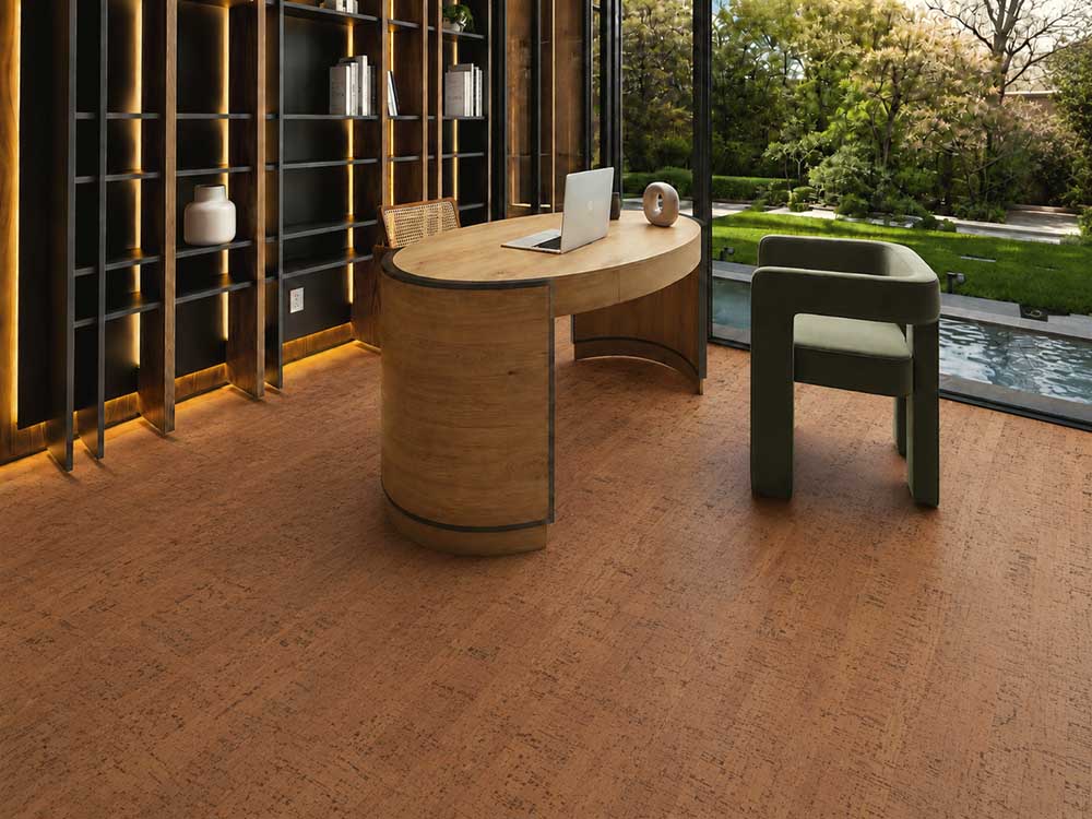 Cherry Line - 7/16&Quot; (11Mm) - Swiss Real Cork Floating (Fchl11) Cherry Line Swiss Real Cork Flooring With Linear Grain In A Home Office With Built-In Shelving.