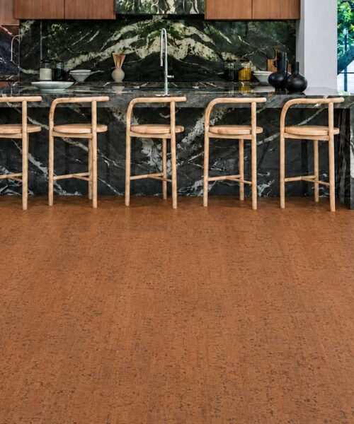 Cherry Line - 7/16&Quot; (11Mm) - Swiss Real Cork Floating (Fchl11) Cherry Line Natural Cork Flooring In A Modern Kitchen With A Dark Marble Island And Wood Stools.