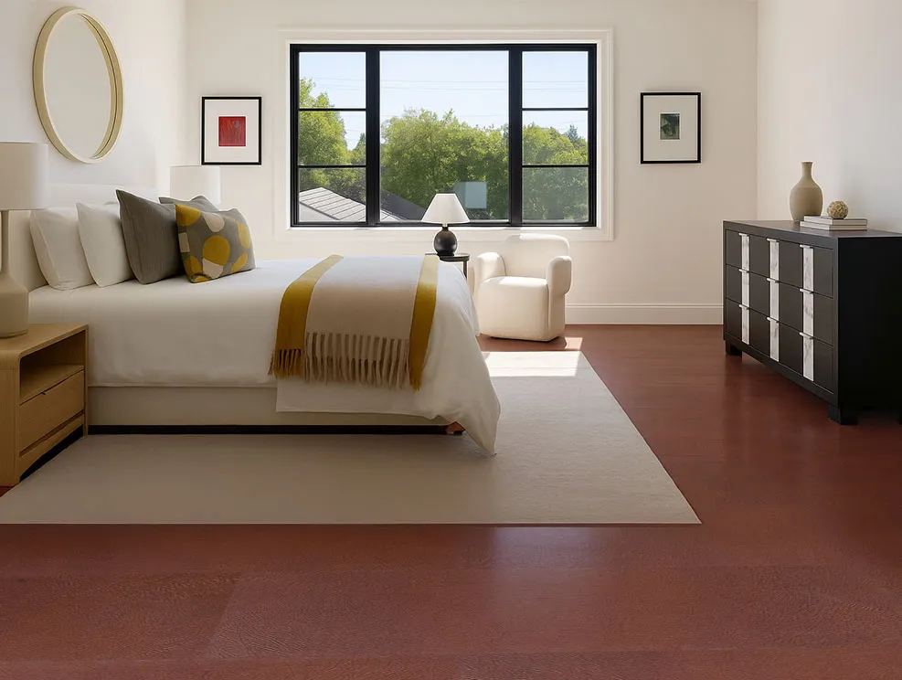 Chestnut Swiss Leather Flooring In A Modern Bedroom With White Bed And Yellow Throw Blanket