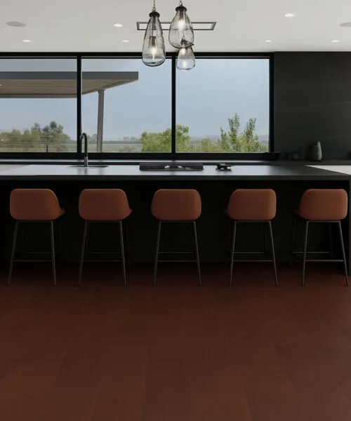 Chestnut – 3/8” (9.5Mm) – Swiss Leather Flooring (Lchsnt9.5) Chestnut Swiss Leather Flooring In A Modern Kitchen With Black Island And Brown Bar Stools