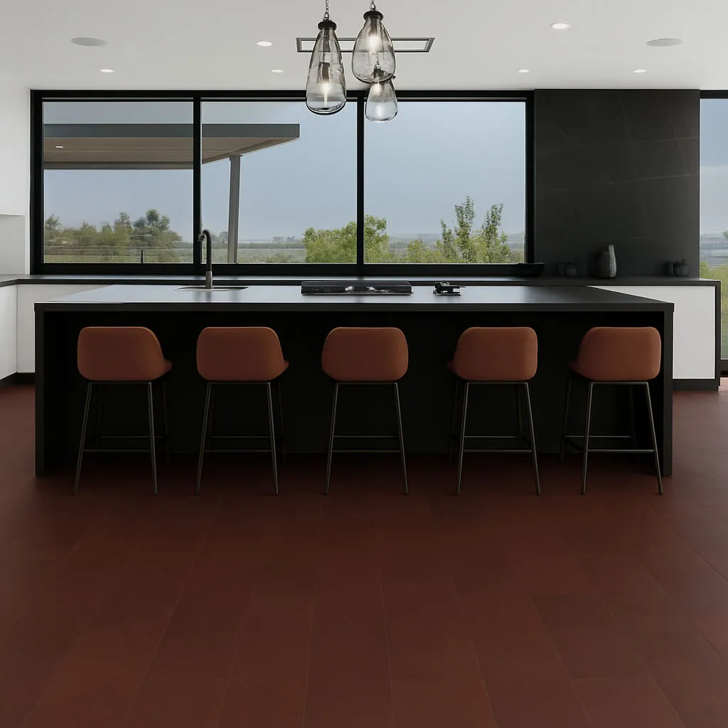 Chestnut Swiss Leather Flooring In A Modern Kitchen With Black Island And Brown Bar Stools