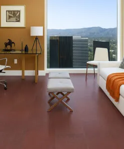 chestnut swiss leather flooring in a lounge room with white sofa orange throw and city view
