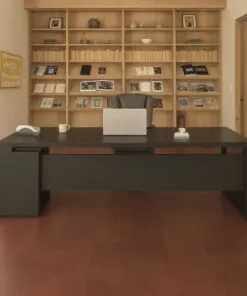 chestnut swiss leather flooring in a contemporary office with black desk and wood bookshelves