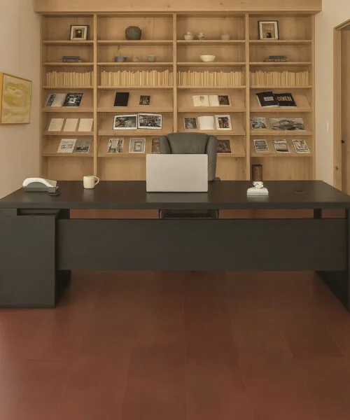 Chestnut – 3/8” (9.5Mm) – Swiss Leather Flooring (Lchsnt9.5) Chestnut Swiss Leather Flooring In A Contemporary Office With Black Desk And Wood Bookshelves