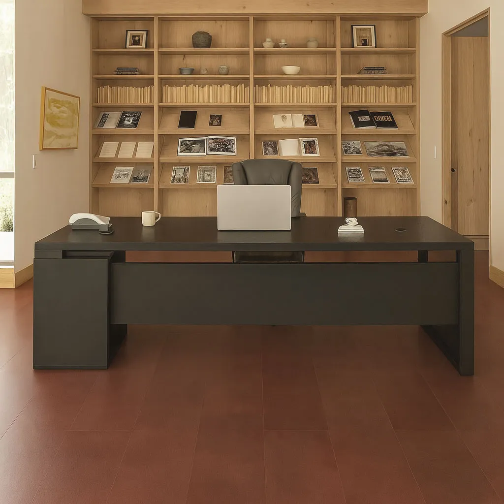 Chestnut Swiss Leather Flooring In A Contemporary Office With Black Desk And Wood Bookshelves