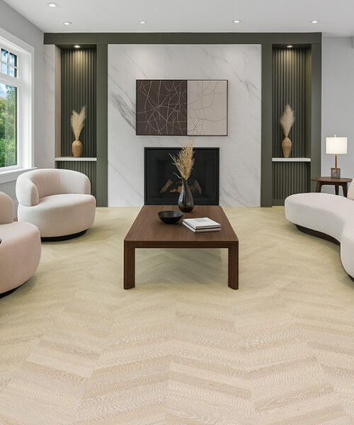 Bright contemporary living room featuring Clara Chevron cork floating flooring with a soft light-beige chevron pattern.