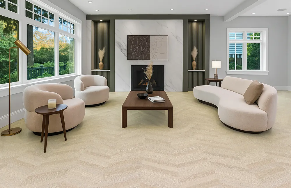 Bright Contemporary Living Room Featuring Clara Chevron Cork Floating Flooring With A Soft Light-Beige Chevron Pattern.