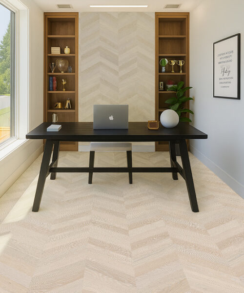 Sunny Home Office With Large Windows And Clara Chevron Cork Floating Flooring In A Refined Light Chevron Pattern.