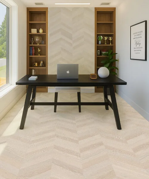 Sunny Home Office With Large Windows And Clara Chevron Cork Floating Flooring In A Refined Light Chevron Pattern.