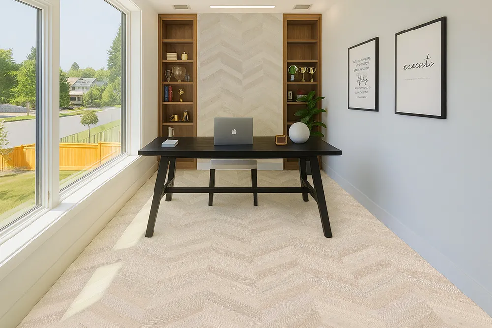 Sunny Home Office With Large Windows And Clara Chevron Cork Floating Flooring In A Refined Light Chevron Pattern.
