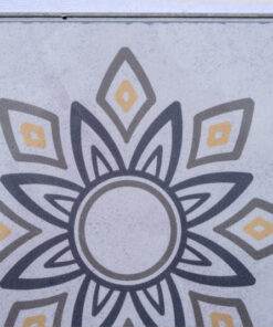 Classic Porcelain Swiss TechSlate flooring featuring a decorative floral medallion pattern inspired by traditional porcelain and cement tiles in soft gray and gold tones.