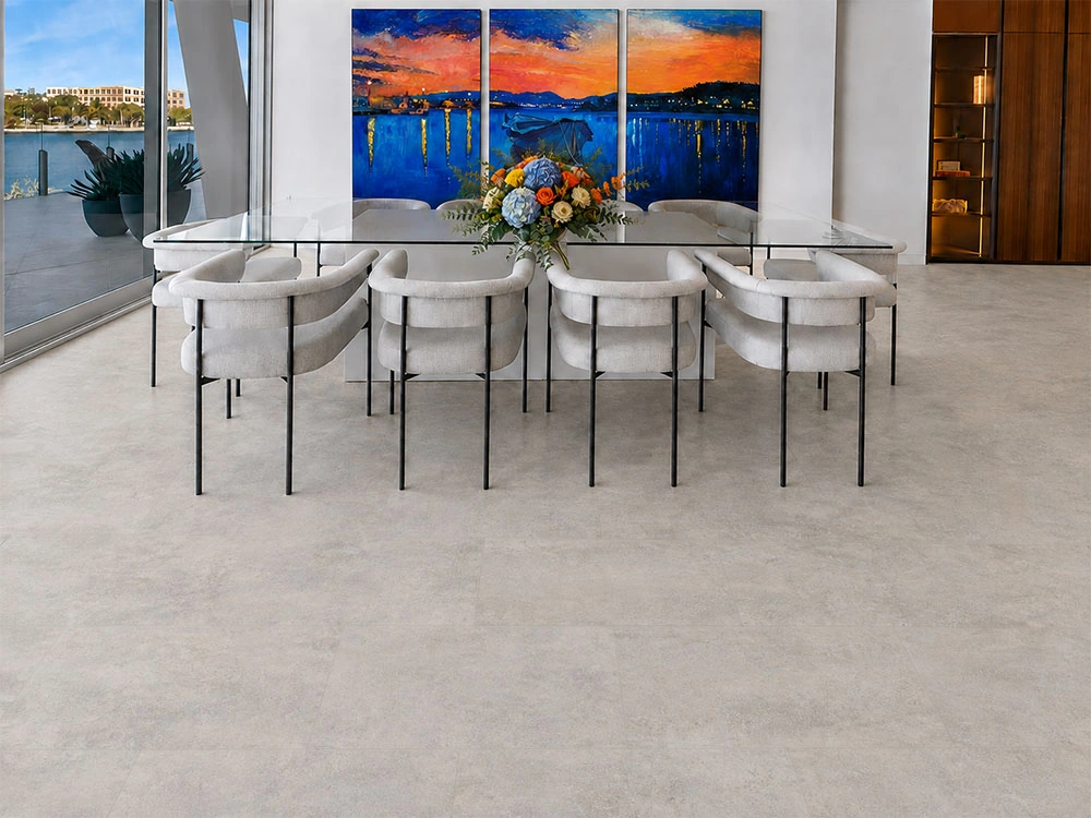 Bris Stone - 7/16&Quot; (11Mm) - Swiss Design Cork Floating (Fbsst11) Bris Stone Installed Flooring In A Furnished Daylight Interior; Reviewed Room View (Fbsst11)
