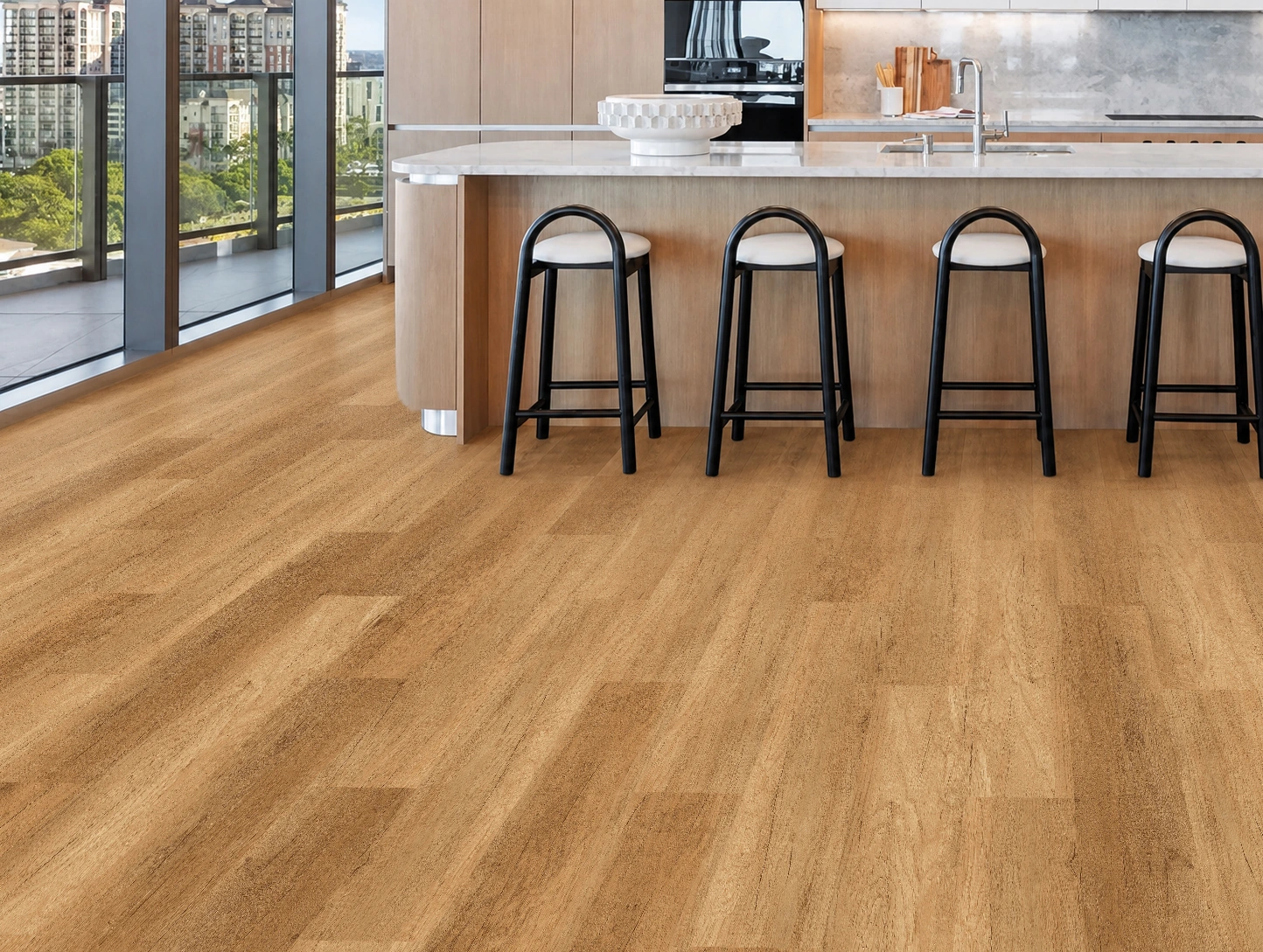 Spanish Cedar - 13/32&Quot; (10.5Mm) - Design Cork Floating (Fsc10.5) Spanish Cedar Installed Flooring In A Furnished Daylight Interior; Reviewed Room View (Fsc10.5)