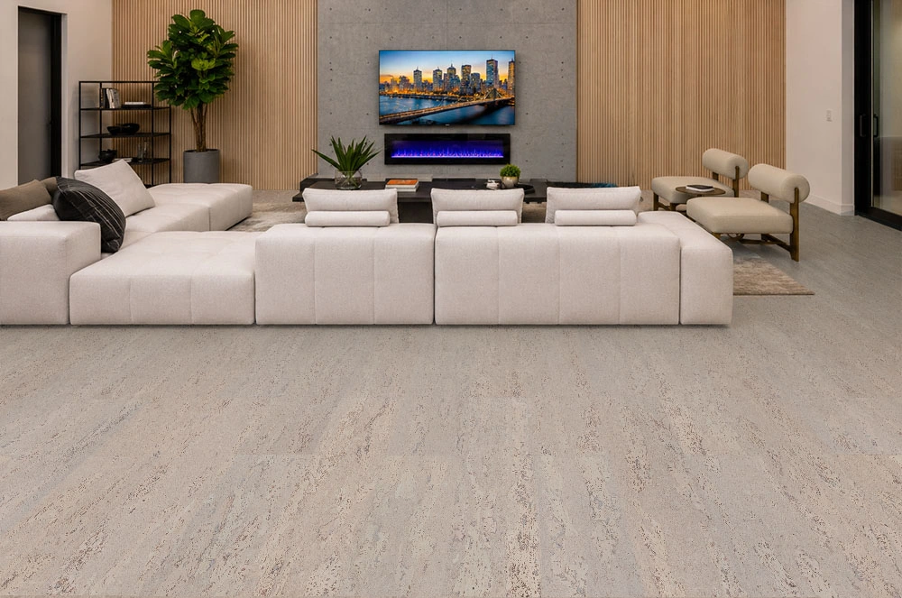 Umber Grey - 7/16&Quot; (11Mm) - Swiss Real Cork Floating (Fug11) Umber Grey Installed Flooring In A Furnished Daylight Interior; Reviewed Room View (Fug11)