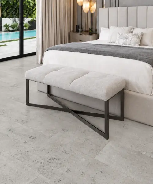 Warm Stone - 7/16&Quot; (11Mm) - Swiss Design Cork Floating (Fwmst11) Warm Stone Installed Flooring In A Furnished Daylight Interior; Product Scale Visualization (Fwmst11)