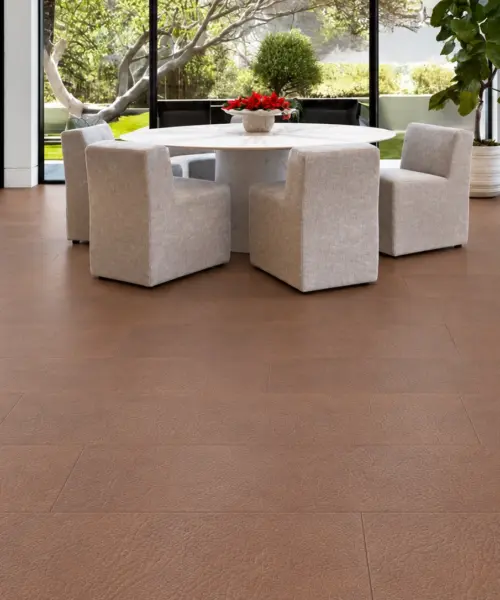 Cocoa – 3/8” (9.5Mm) – Swiss Leather Flooring (Lcoc9.5) Cocoa Installed Flooring In A Furnished Daylight Interior; Product Scale Visualization (Lcoc9.5)