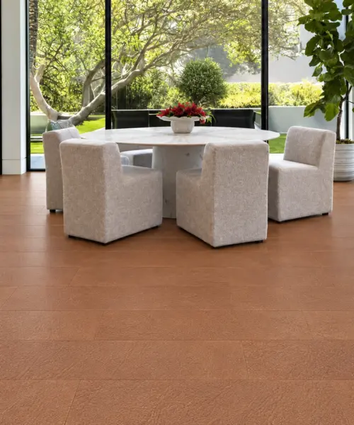 Cocoa Tan – 3/8” (9.5Mm) – Swiss Leather Flooring (Lcoctan10.5) Cocoa Tan Installed Flooring In A Furnished Daylight Interior; Product Scale Visualization (Lcoctan10.5)