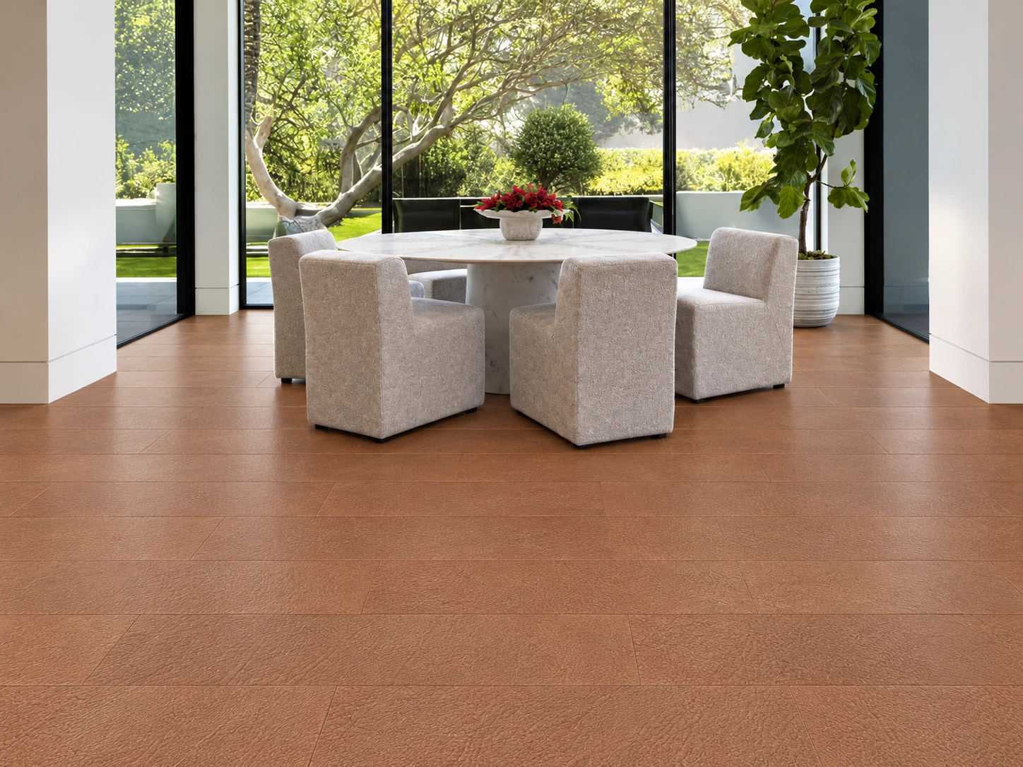 Cocoa Tan – 3/8” (9.5Mm) – Swiss Leather Flooring (Lcoctan10.5) Cocoa Tan Installed Flooring In A Furnished Daylight Interior; Product Scale Visualization (Lcoctan10.5)