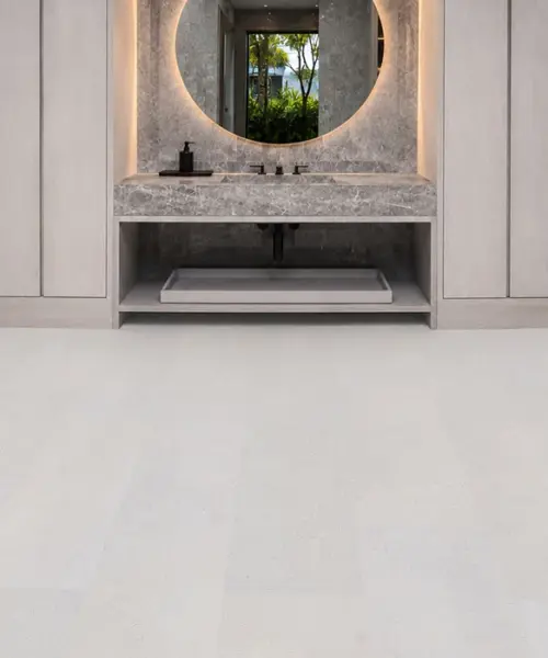 White Leather - 1/4&Quot; (6Mm) - Cork Glue Down Tile (Gwl6) White Leather Installed Flooring In A Furnished Daylight Interior; Reviewed Room View (Pf3384Vwn-6.0)