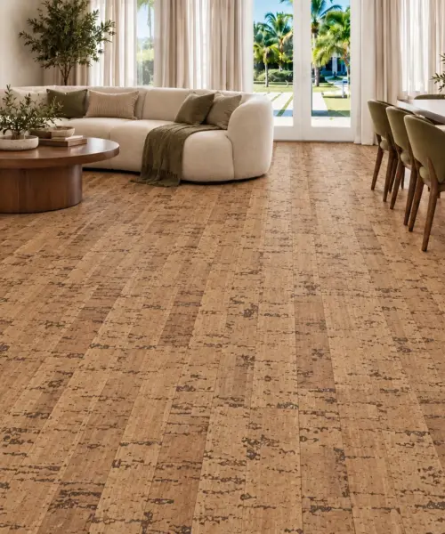 Linea Dark - 7/16&Quot; (11Mm) - Swiss Real Cork Floating (Flin11) Linea Dark Floor Application In A Furnished Room, Based On The Original Product Reference