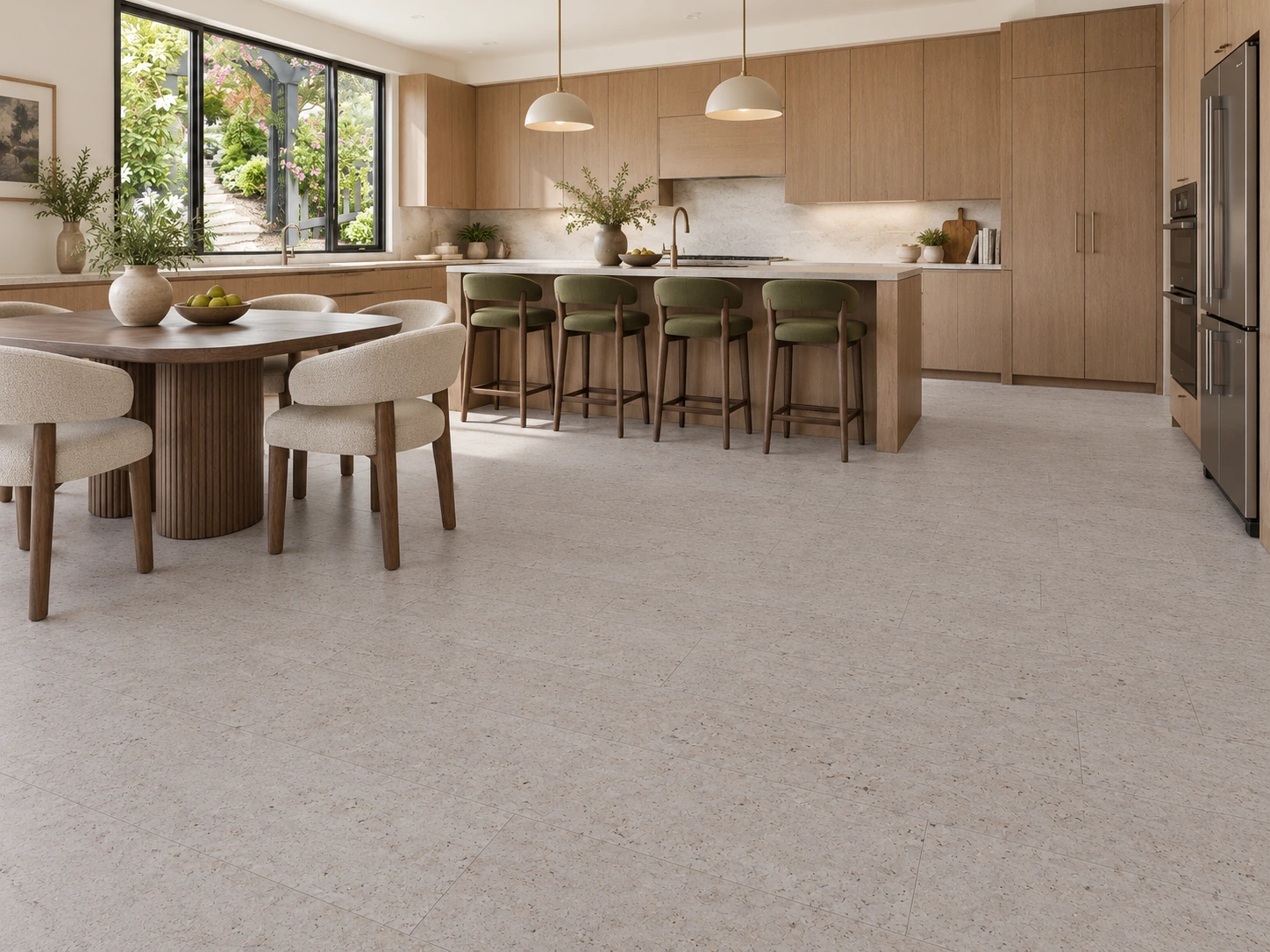 Terrazzo installed flooring in a furnished daylight interior; accurate product scale visualization (CK3390VCN)