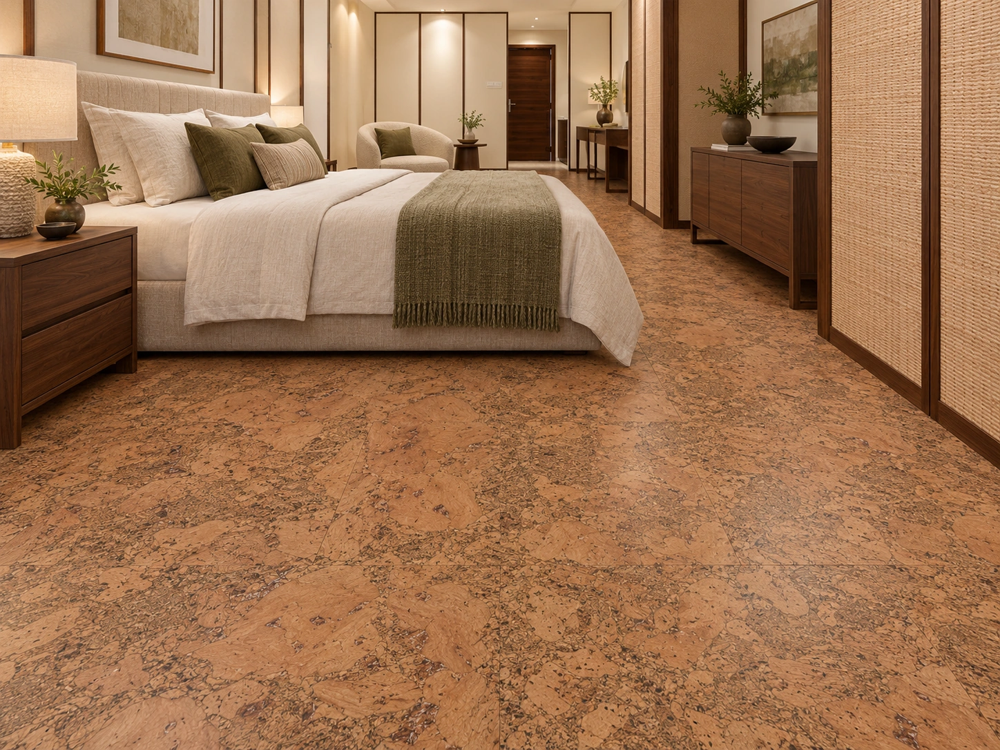Tasmanian Burl - 1/2&Quot; (12Mm) - Cork Floating (Ftbu12) Tasmanian Burl Installed Flooring In A Furnished Daylight Interior; Accurate Product Scale Visualization (Cz3333Vml)