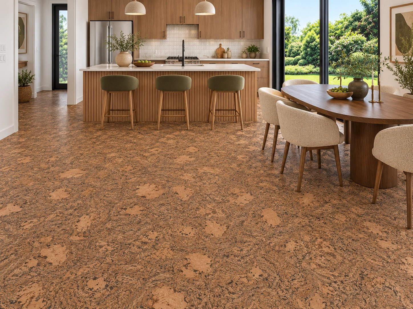Rococo - 1/2&Quot; (12Mm) - Cork Floating (Froco12) Rococo Installed Flooring In A Furnished Daylight Interior; Accurate Product Scale Visualization (Cz3333Vnn)