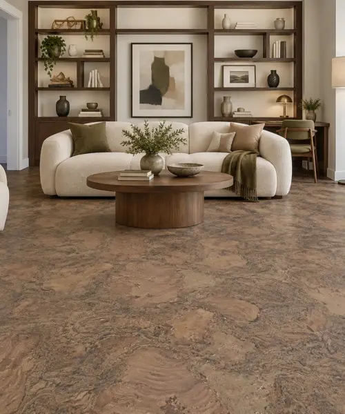 Walnut Burlwood installed flooring in a furnished daylight interior; accurate product scale visualization (CZ3333VPT)