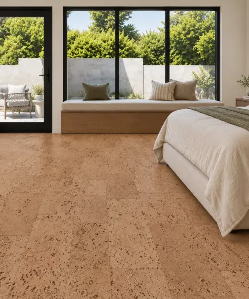 Leather installed flooring in a furnished daylight interior; accurate product scale visualization (CZ3384VNN)