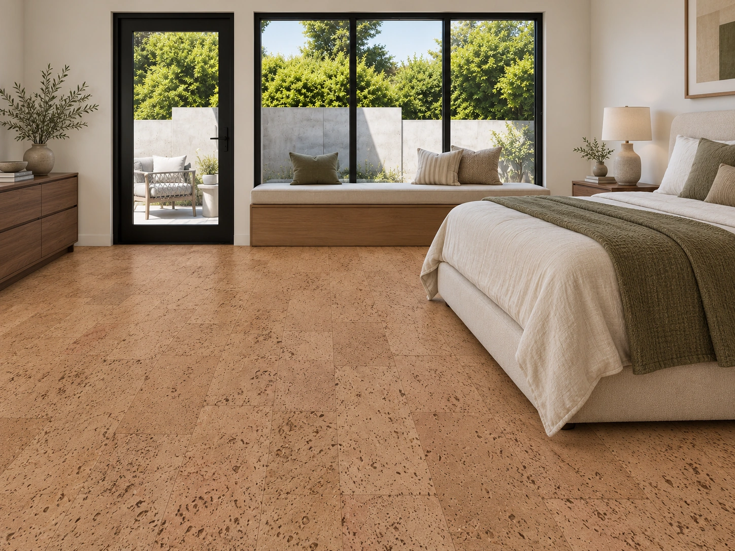 Leather - 1/2&Quot; (12Mm) - Cork Floating (Fle12) Leather Installed Flooring In A Furnished Daylight Interior; Accurate Product Scale Visualization (Cz3384Vnn)