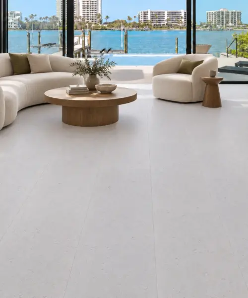 White Leather installed flooring in a furnished daylight interior; accurate product scale visualization (CZ3384VWN)