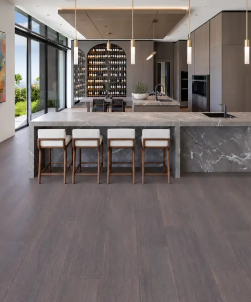 Ashen Chestnut installed flooring in a furnished daylight interior; accurate product scale visualization (FAsCnut11)