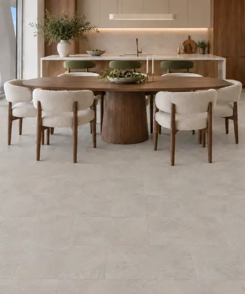 Bris Stone installed flooring in a furnished daylight interior; accurate product scale visualization (FBsSt11)