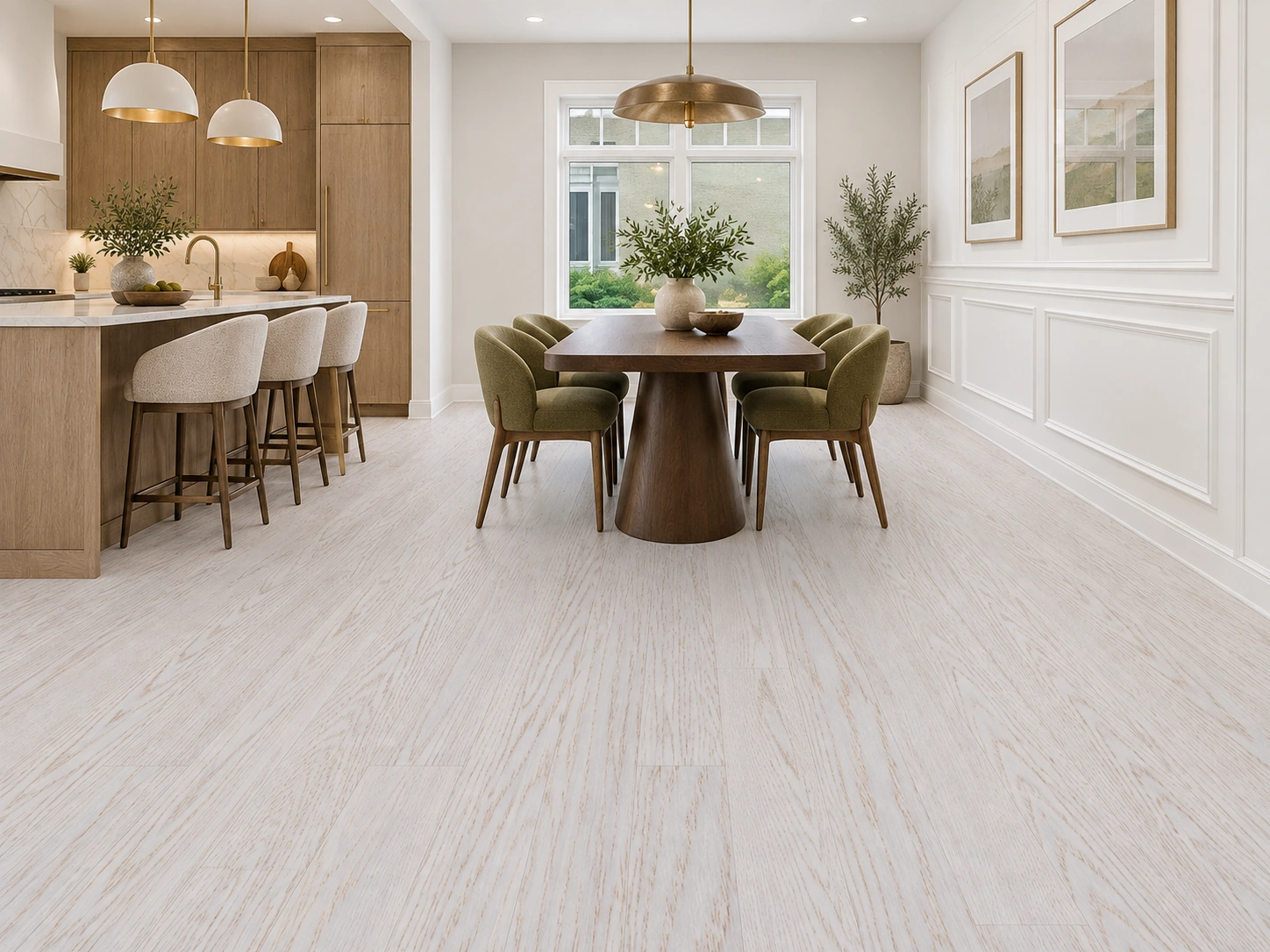 Snow Cap installed flooring in a furnished daylight interior; accurate product scale visualization (FCap9.7)