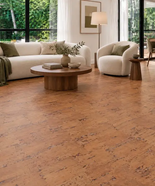 Cherry Line installed flooring in a furnished daylight interior; accurate product scale visualization (FCHL11)