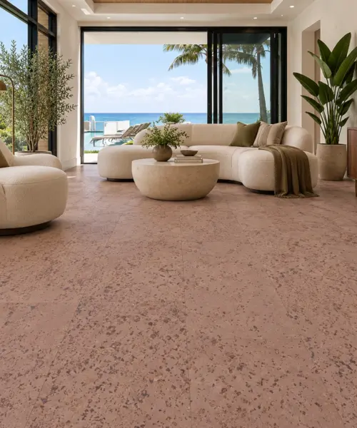 Hazel installed flooring in a furnished daylight interior; accurate product scale visualization (FHaz11)