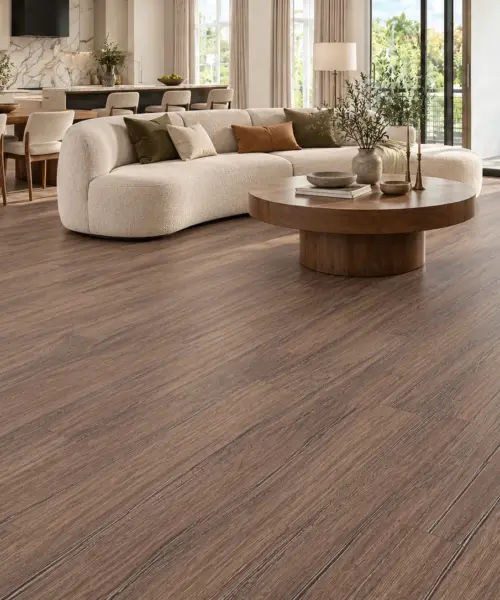 Latte installed flooring in a furnished daylight interior; accurate product scale visualization (FLat11)