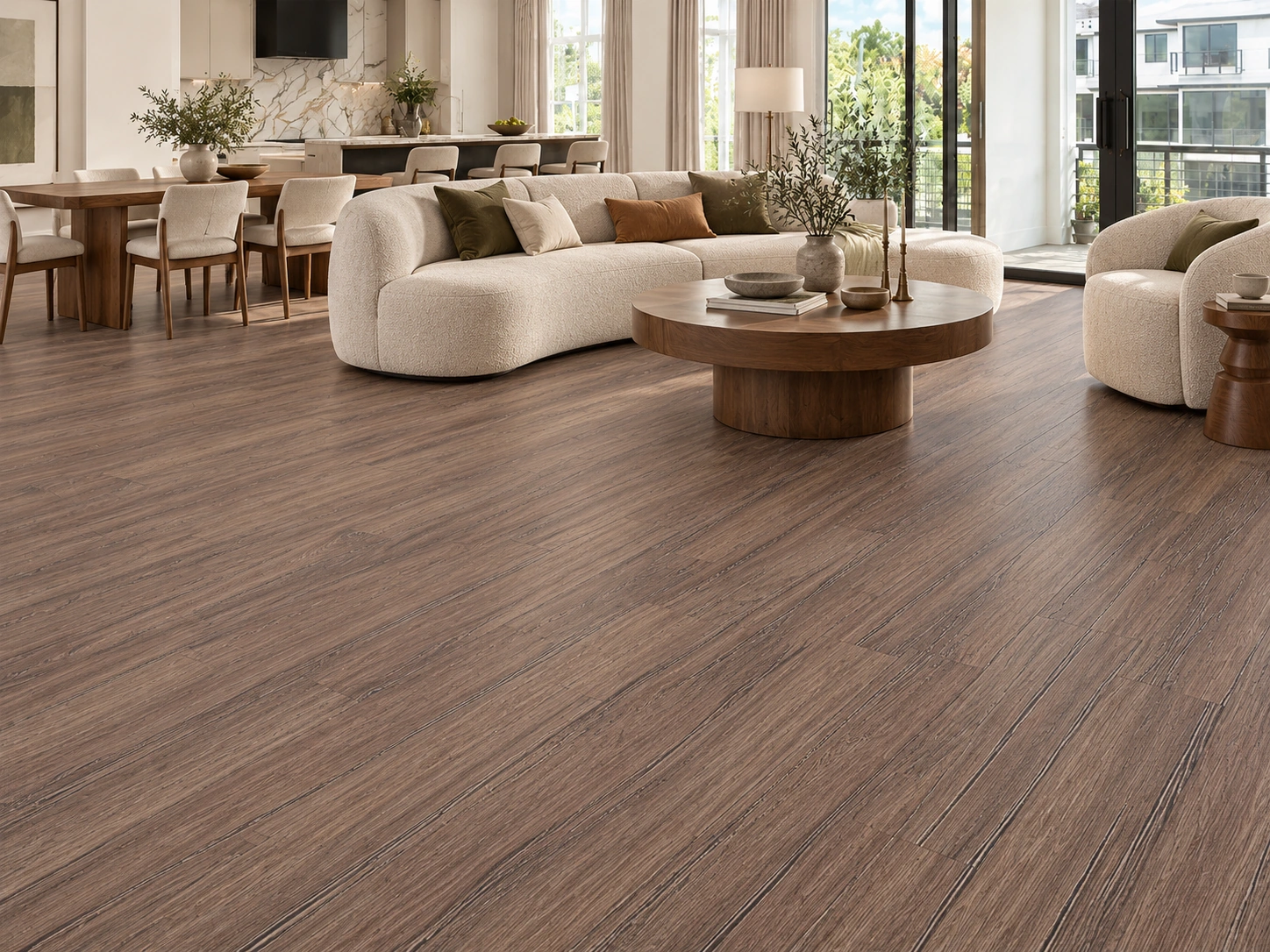 Latte - 7/16&Quot; (11Mm) - Swiss Design Cork Floating (Flat11) Latte Installed Flooring In A Furnished Daylight Interior; Accurate Product Scale Visualization (Flat11)