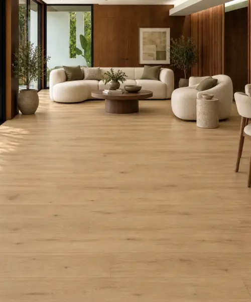 Long Beach installed flooring in a furnished daylight interior; accurate product scale visualization (FLB11)