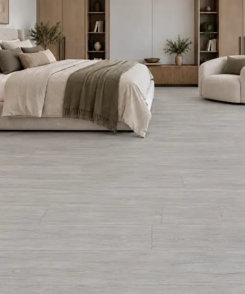 Light Grey Oak installed flooring in a furnished daylight interior; accurate product scale visualization (FLG10.5)