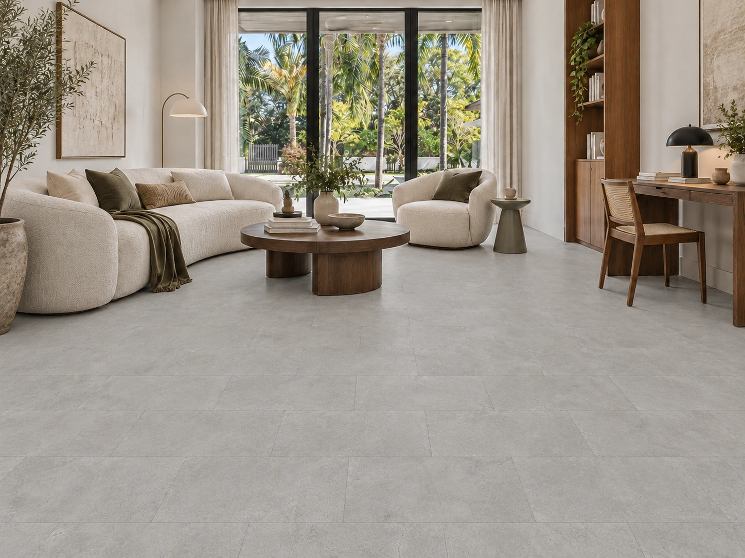 Light Slate installed flooring in a furnished daylight interior; accurate product scale visualization (FLgS11)
