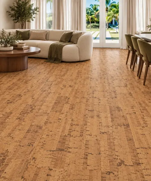 Linea Dark installed flooring in a furnished daylight interior; accurate product scale visualization (FLin11)