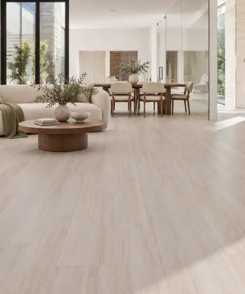Meadow installed flooring in a furnished daylight interior; accurate product scale visualization (FMea9.7)