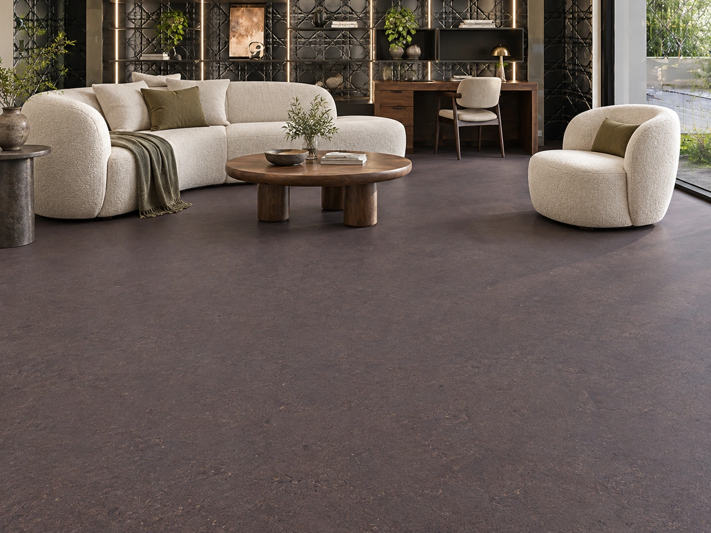 Night - 7/16&Quot; (11Mm) - Swiss Real Cork Floating (Fnig11) Night Installed Flooring In A Furnished Daylight Interior; Accurate Product Scale Visualization (Fnig11)
