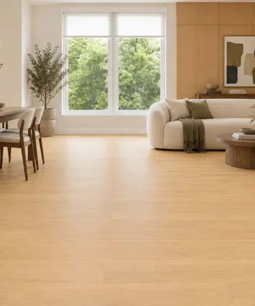 Pinewood 7/16_ (11mm) Swiss Design Cork Floating (FPinwo11) installed flooring in a furnished daylight interior; accurate product scale visualization (FPinwo11)