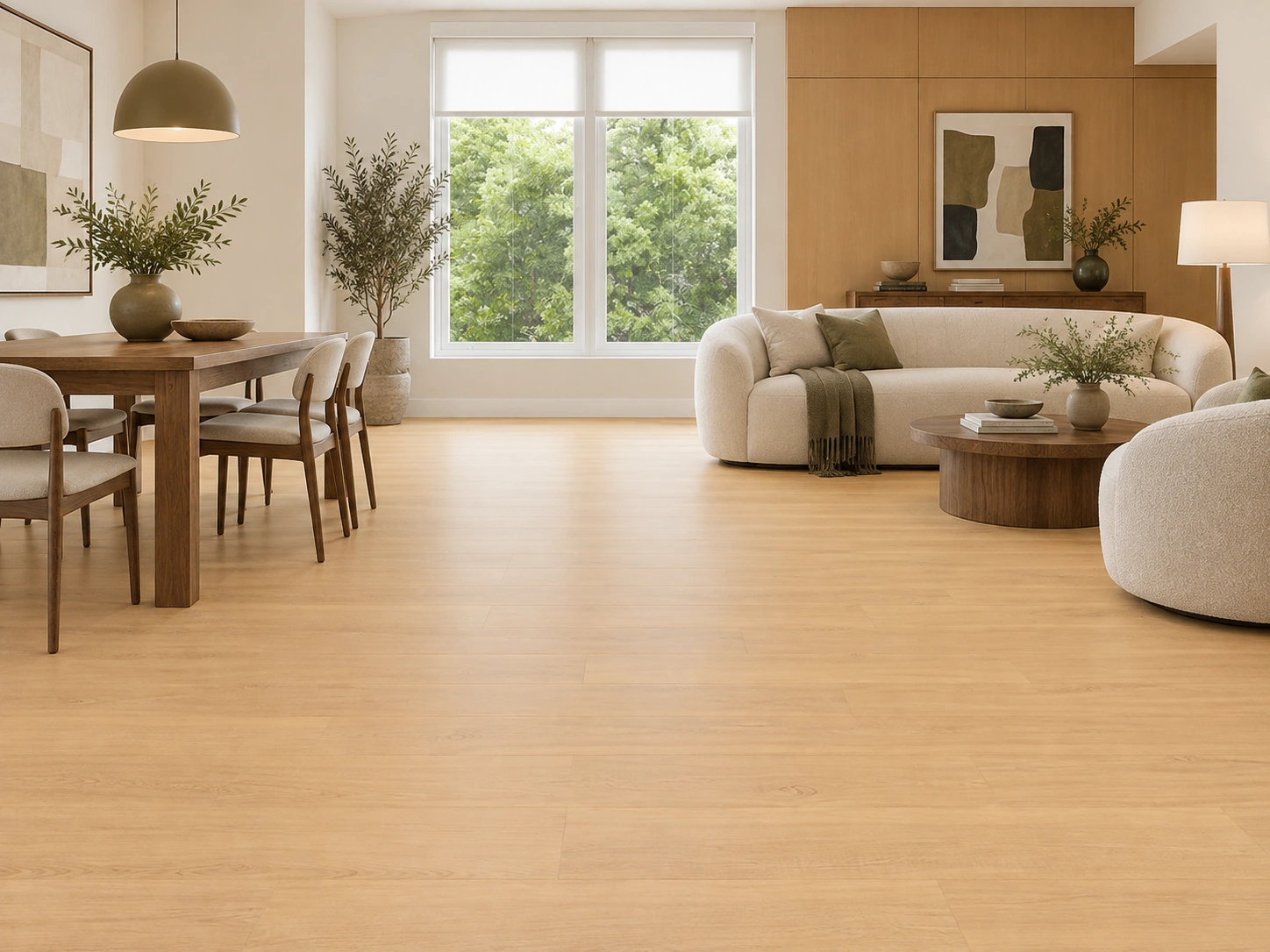 Pinewood 7/16_ (11mm) Swiss Design Cork Floating (FPinwo11) installed flooring in a furnished daylight interior; accurate product scale visualization (FPinwo11)