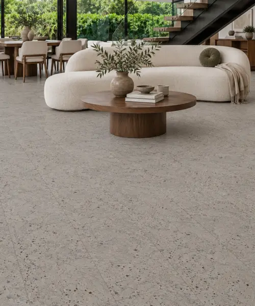 Porto Mist installed flooring in a furnished daylight interior; accurate product scale visualization (FPM11)