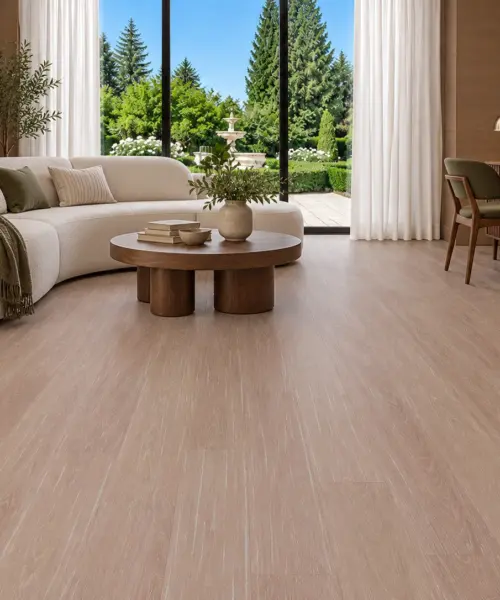 Sandstorm installed flooring in a furnished daylight interior; accurate product scale visualization (FSan11)