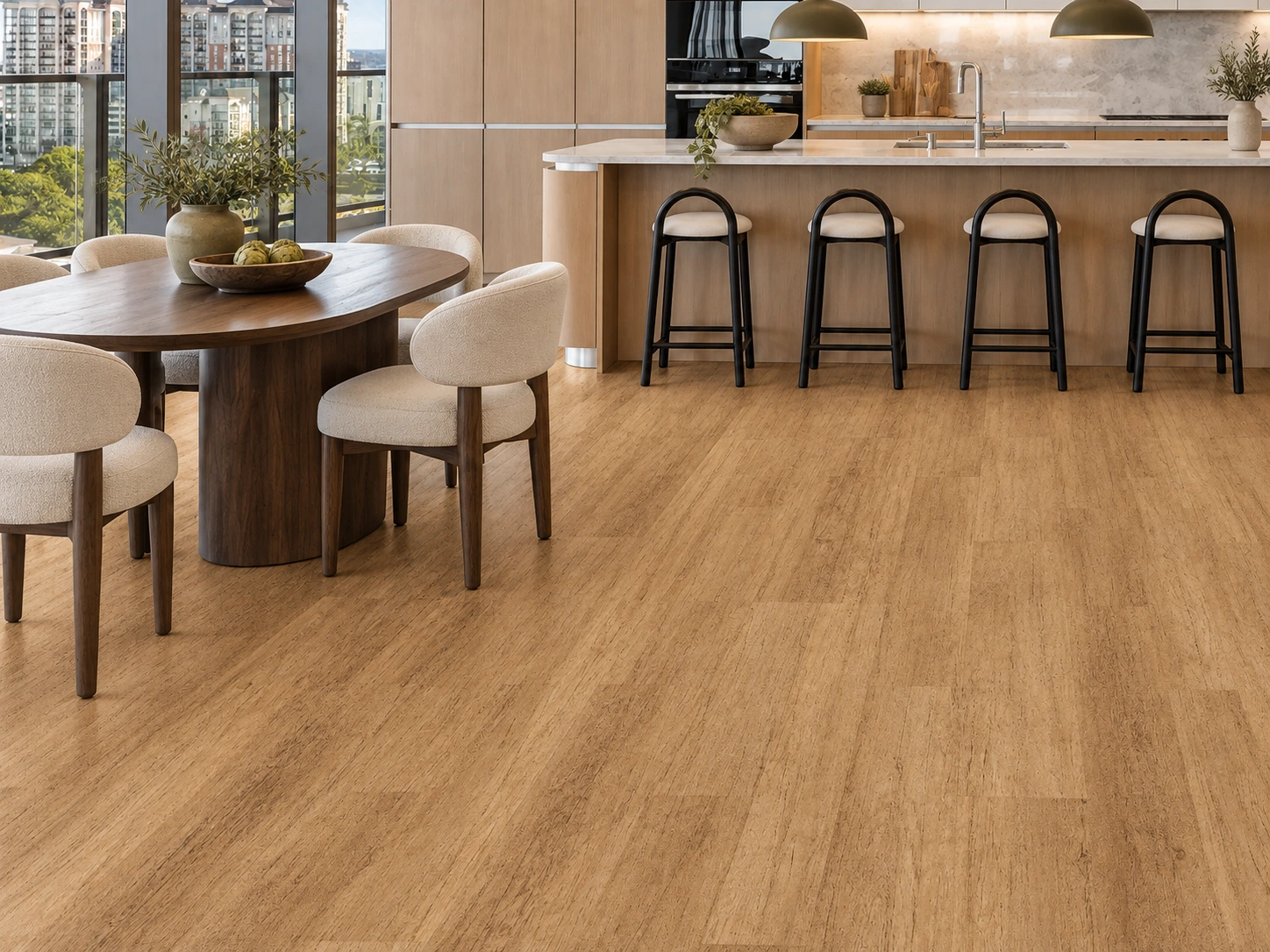 Spanish Cedar - 13/32&Quot; (10.5Mm) - Design Cork Floating (Fsc10.5) Spanish Cedar Installed Flooring In A Furnished Daylight Interior; Accurate Product Scale Visualization (Fsc10.5)