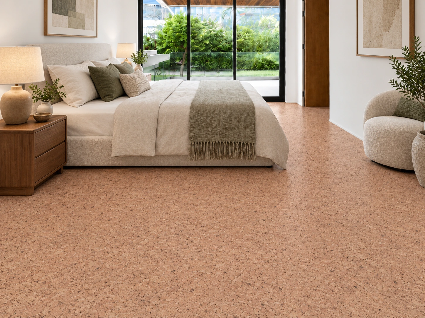 Seaside - 7/16&Quot; (11Mm) - Swiss Real Cork Floating (Fsea11) Seaside Installed Flooring In A Furnished Daylight Interior; Accurate Product Scale Visualization (Fsea11)
